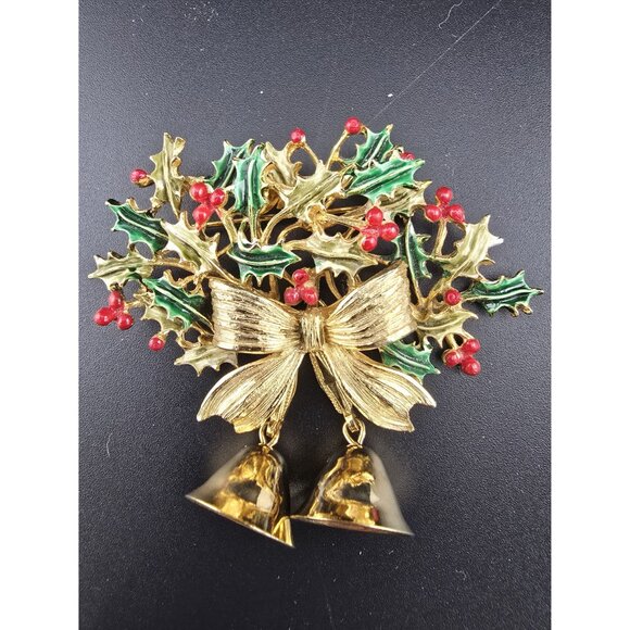 Vintage Weiss Holly Berries Bow and Dangling Bells Signed Christmas Brooch - Picture 2 of 5